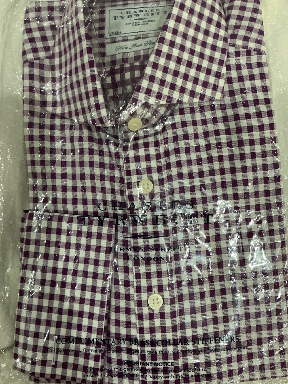 Charles Tyrwhitt Purple and White Check Button-Down Shirt 15/33 Slim Fit NWT